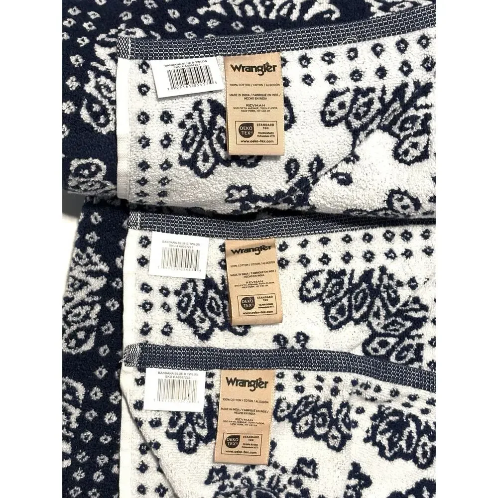 Wrangler Bath Hand Towels Bandana Blue Set Of 3 Pcs Floral White Flowers NWT